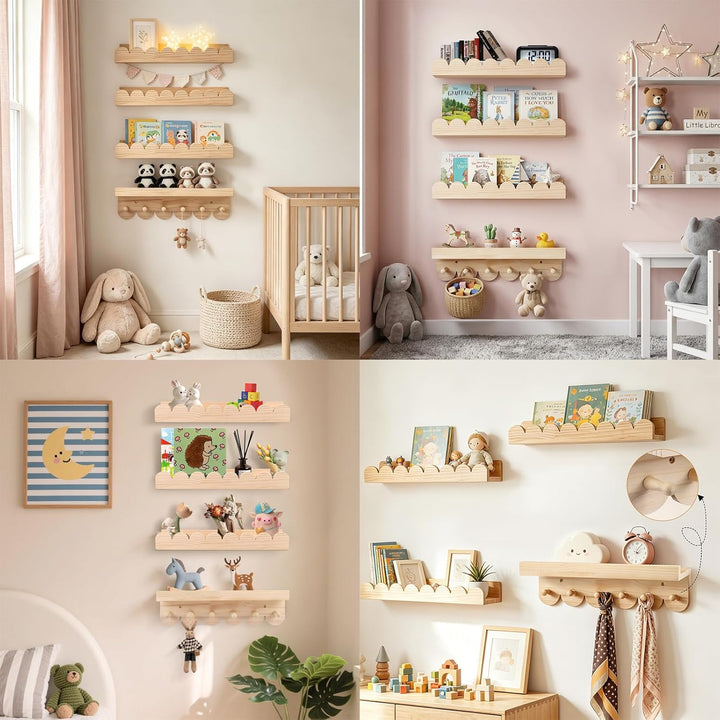 Wandregal Kinderzimmer 4er-Set aus Massivholz - Bücherregal mit 6 Haken für Bücher &amp; Spielzeug - Mon