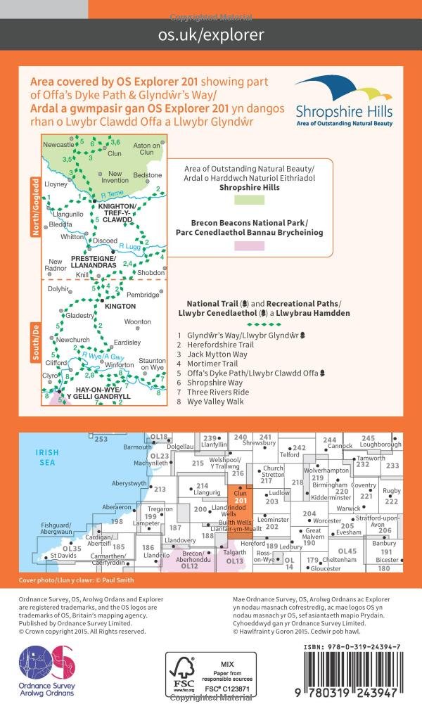 Knighton and Presteigne Tref-y-Clawdd a Dyffryn Elan (OS Explorer Map, Band 201), Karte