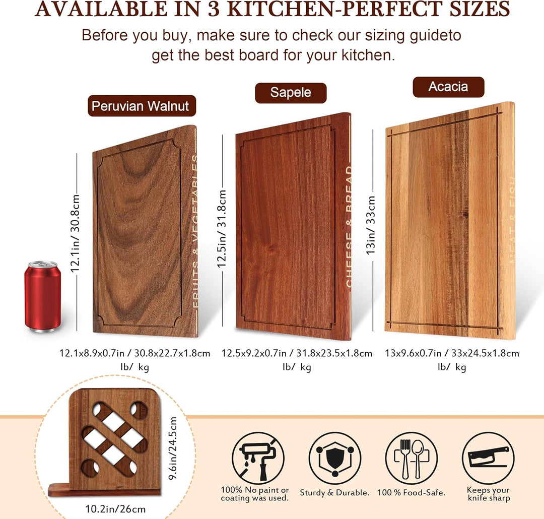 Buchförmige Holzschneidebretter Set, 3-teilig, Klassischer Holzton | Akazie, Sapele, Peruanischer Nu