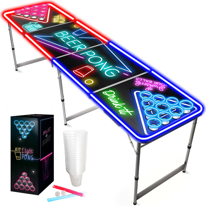 Beer Pong Offizielles Komplettset | Beleuchtungsset | 1 Heller Tisch mit Löchern + 22 American Cups