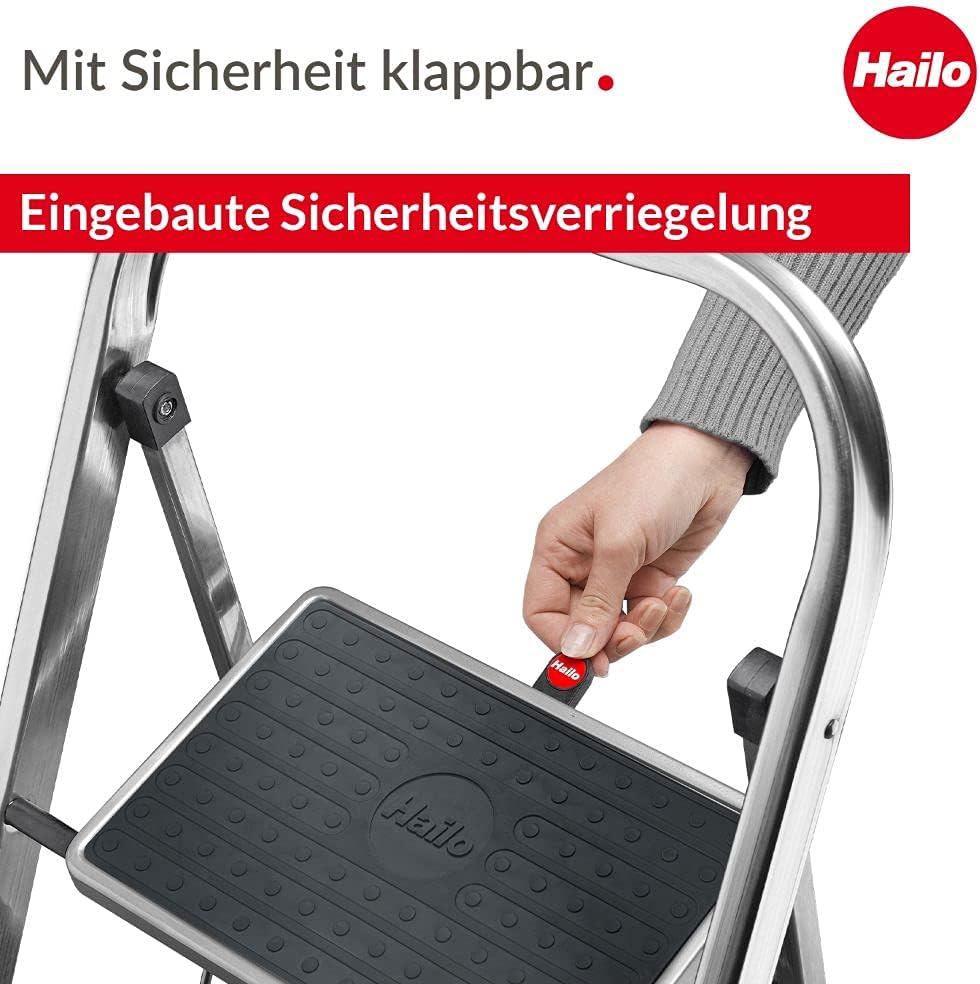 Hailo K70 StandardLine Alu-Klapptritt-Leiter - 2 grosse Stahl-Stufen mit Anti-Rutsch-Matten belastba