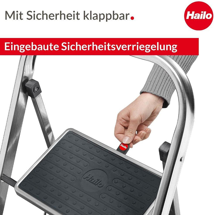 Hailo K70 StandardLine Alu-Klapptritt-Leiter - 2 grosse Stahl-Stufen mit Anti-Rutsch-Matten belastba