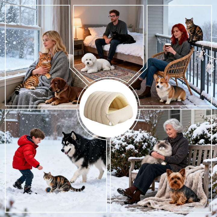 Geschlossenes Winterkatzenbett, herausnehmbares, wärmendes Winterhöhlenbett für Haustiere mit Rutsch