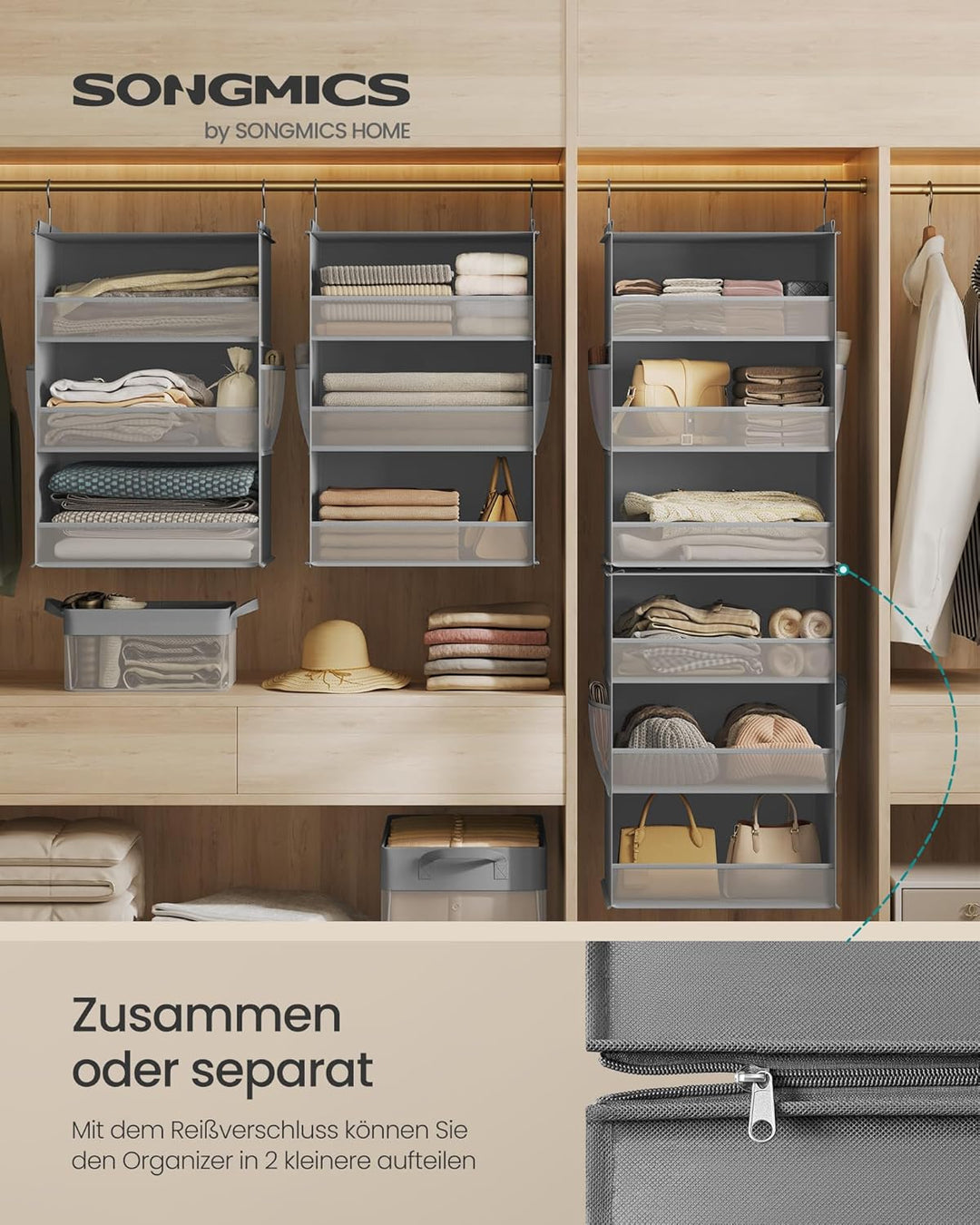 SONGMICS Hängeorganizer 2er Set, Schrank-Organizer, Hängeregal aufteilbar, Hängeaufbewahrung, faltba