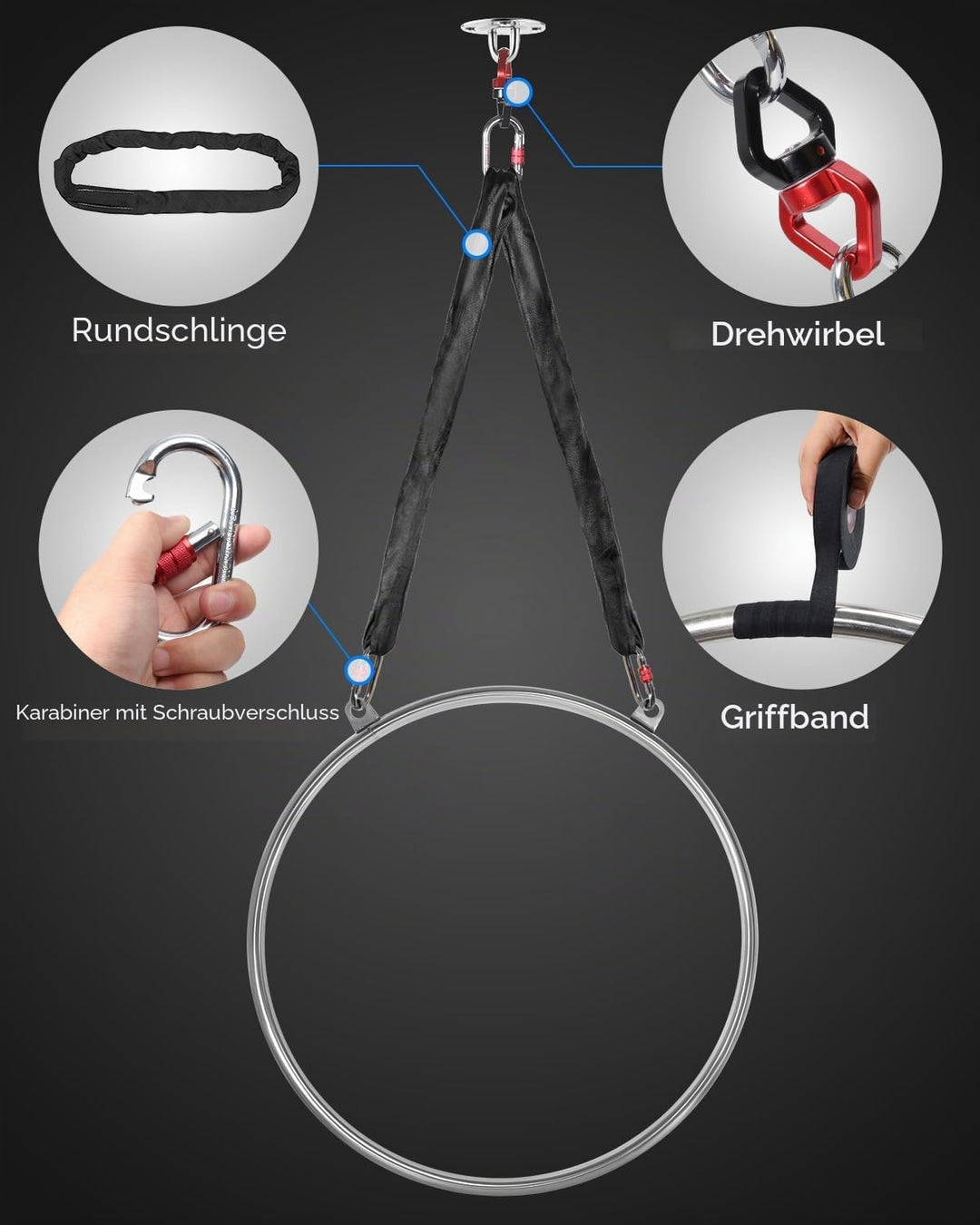 DASKING Aerial Hoop Ring Set - 80 85 90cm Edelstahl 2 Punkte Aerial Lyra Hoop Heavy Duty 500lb Kapaz