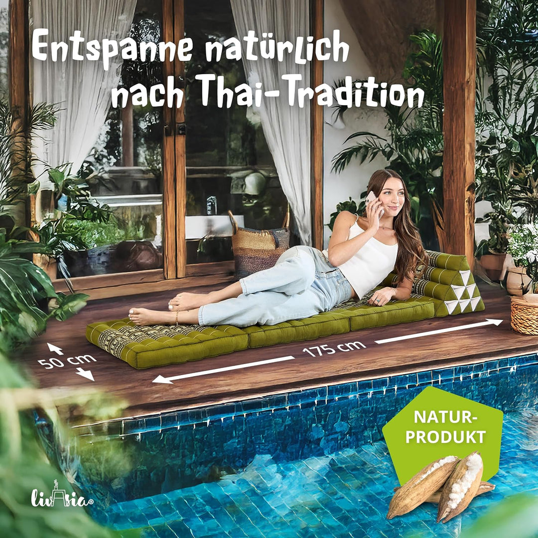 livasia Thaikissen mit 3 Auflagen, Dreieckskissen mit Klappmatratze, Keilkissen Kapok, Rückenkissen
