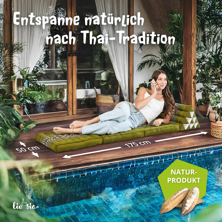 livasia Thaikissen mit 3 Auflagen, Dreieckskissen mit Klappmatratze, Keilkissen Kapok, Rückenkissen