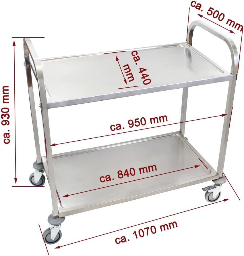 Beeketal 'BSW-2a' Edelstahl Servierwagen Transportwagen mit 2 Böden und Kantrohrgestell (belastbar b