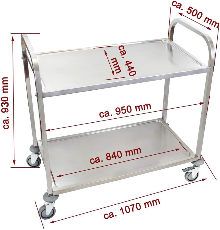 Beeketal 'BSW-2a' Edelstahl Servierwagen Transportwagen mit 2 Böden und Kantrohrgestell (belastbar b