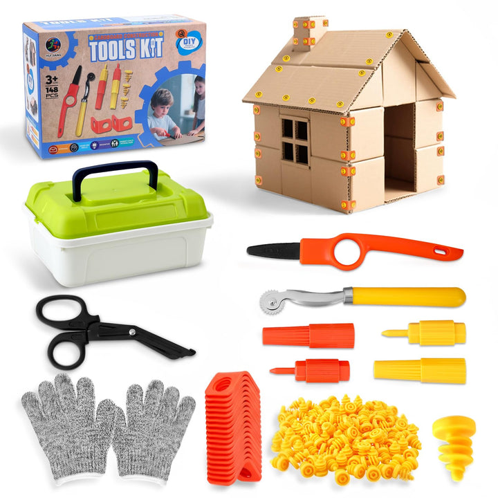 Karton Werkzeug Set 148-teilig mit Aufbewahrungsbox und Handschuhe | Mit schnittfesten Handschuhen &amp;