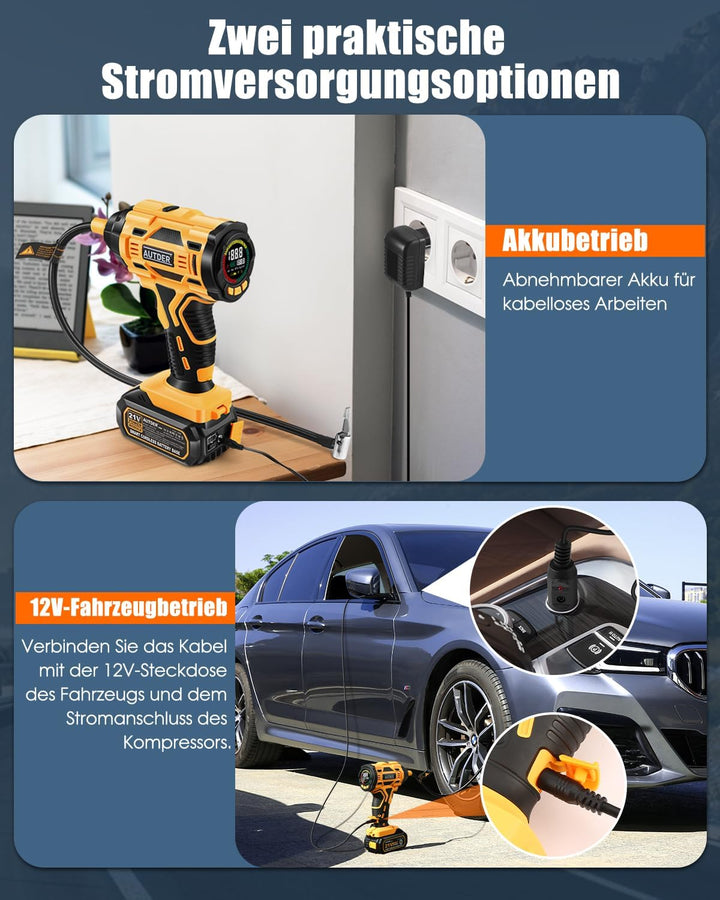 AUTDER Akku Kompressor, Luftkompressor, Tragbare Elektrische Luftpumpe mit 21V Akku und Auto-Netztei