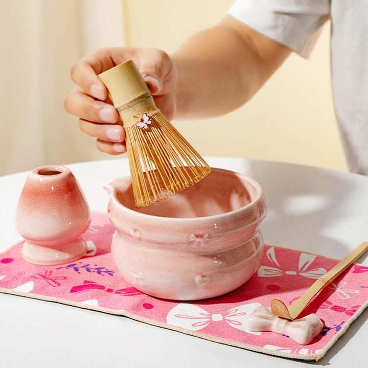 Nideen Matcha Set Rosa 8-teilig mit Schale, Besen, Löffel, Sieb & Zubehör – Traditionelles Matcha Te