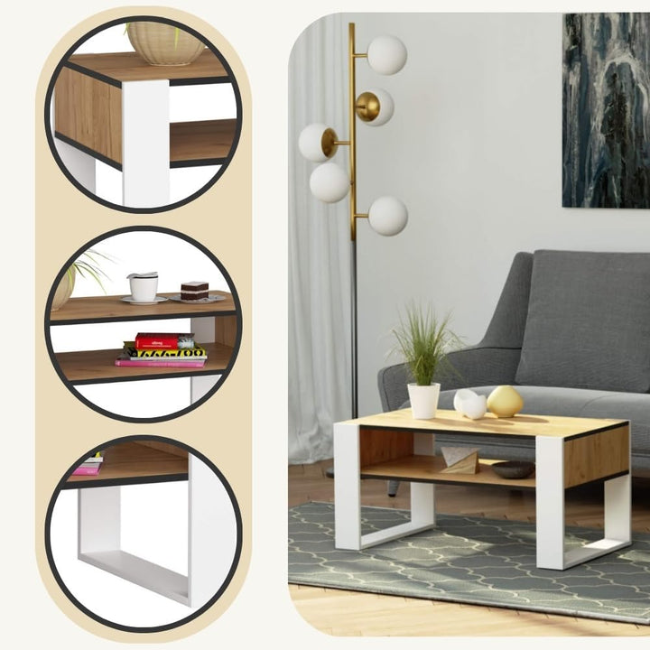 AKORD Couchtisch Holz DOMI mit einem Regal | 92x45x53cm | Für Wohnzimmer | Schlafzimmer Schrank | Mi