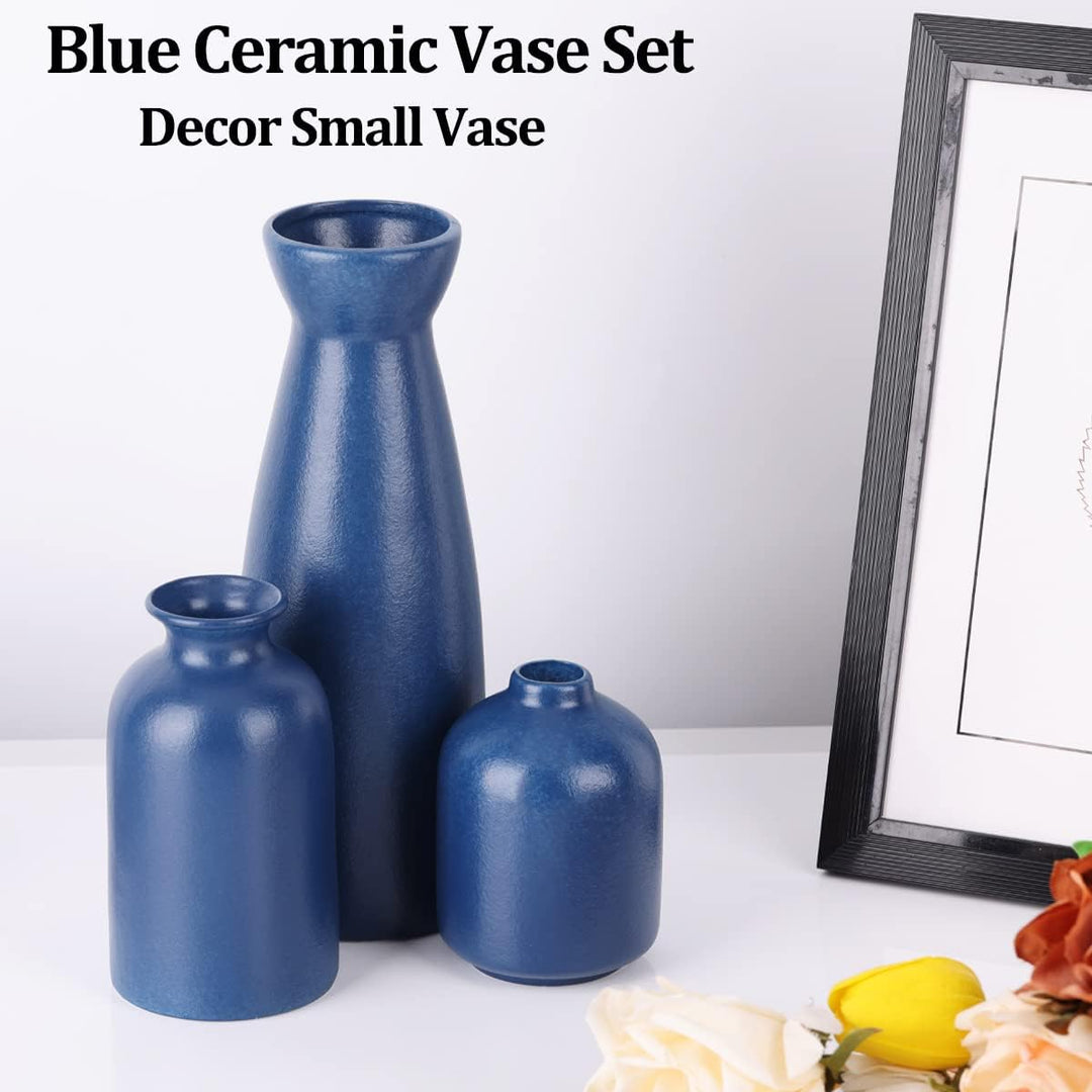Blaues Keramikvasen-Set – 3 marineblaue Vasen, landhausblaue Vasen als Heimdekoration, Wohnzimmerdek