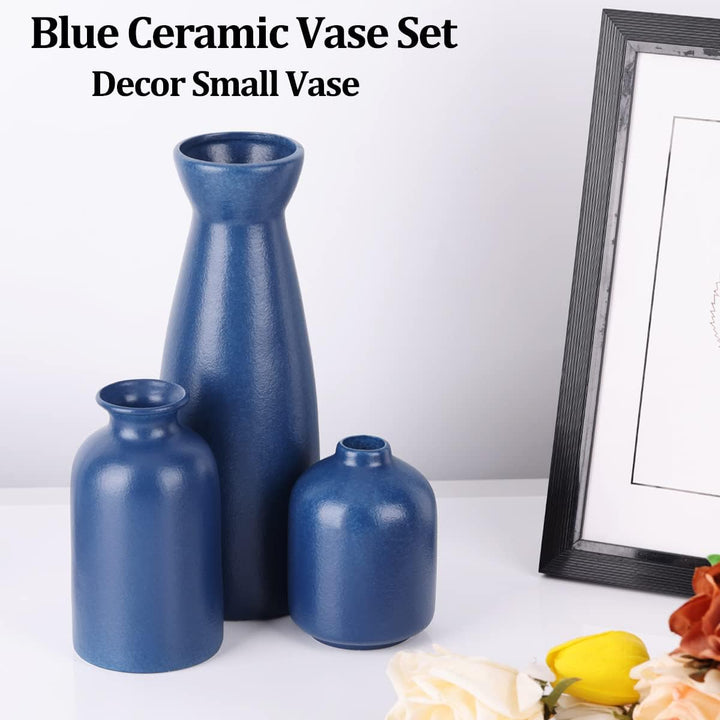 Blaues Keramikvasen-Set – 3 marineblaue Vasen, landhausblaue Vasen als Heimdekoration, Wohnzimmerdek