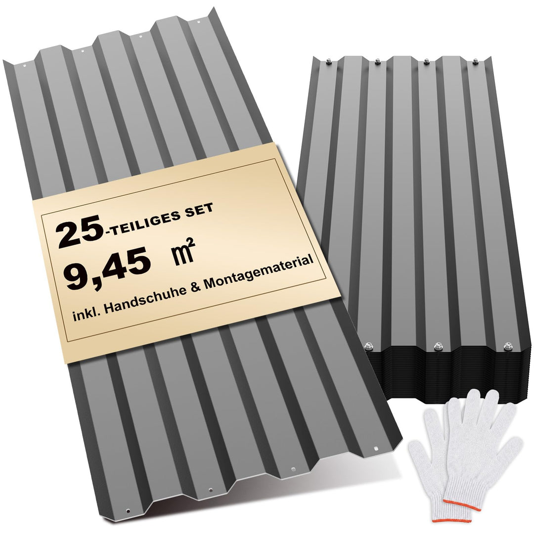 Huracan 25 Stück Trapezblech Profilblech Set 108x35cm, 9,45 m² Dachblech verzinkter Stahl 0,25mm, Da