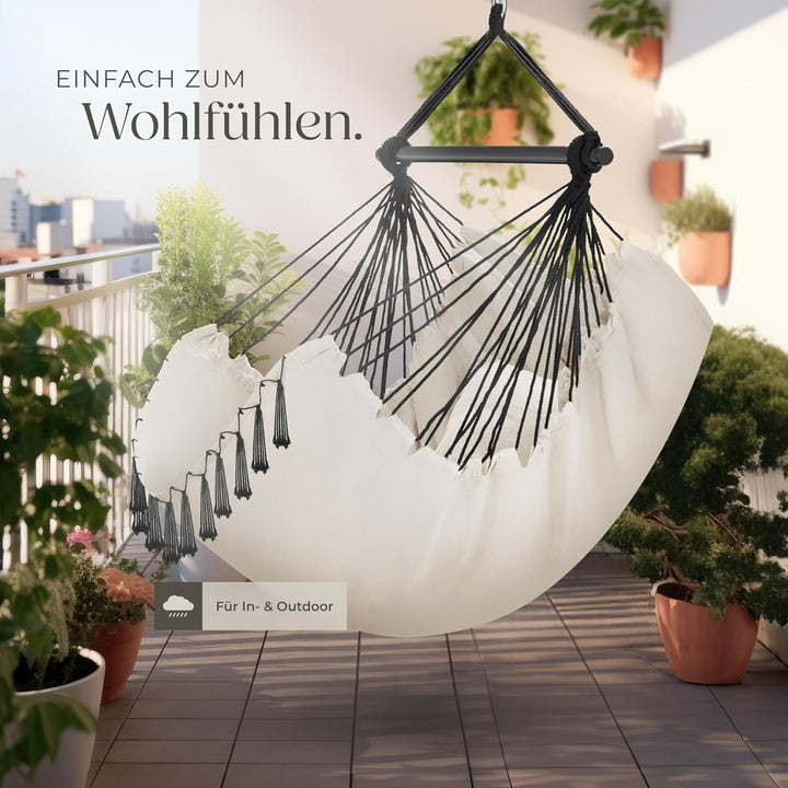 tectake® Hängesessel Outdoor wetterfest oder Indoor mit Tabletfach und Getränkehalterung, Makramee S