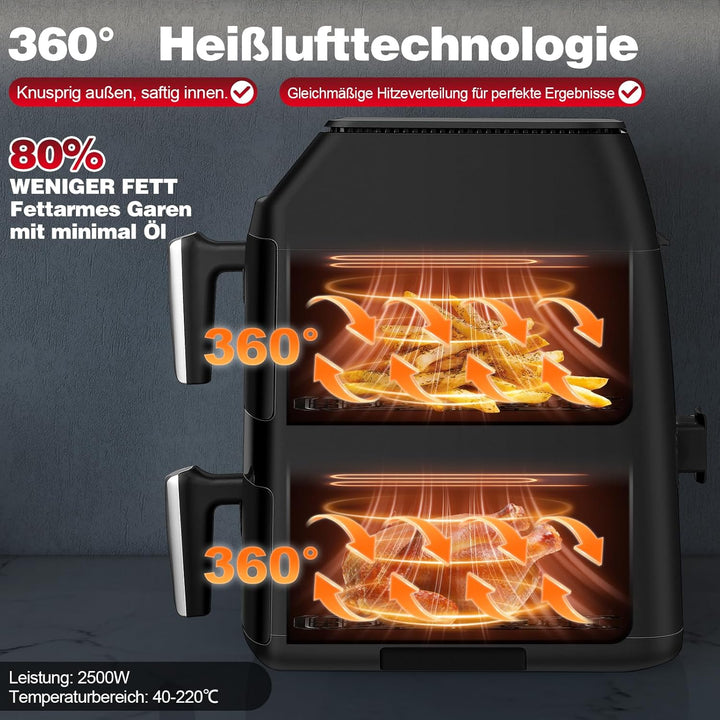TopStrong Heissluftfritteuse, Airfryer 2 Kammern Vertikale 11L, Double Stack Heissluftfritteuse Dopp