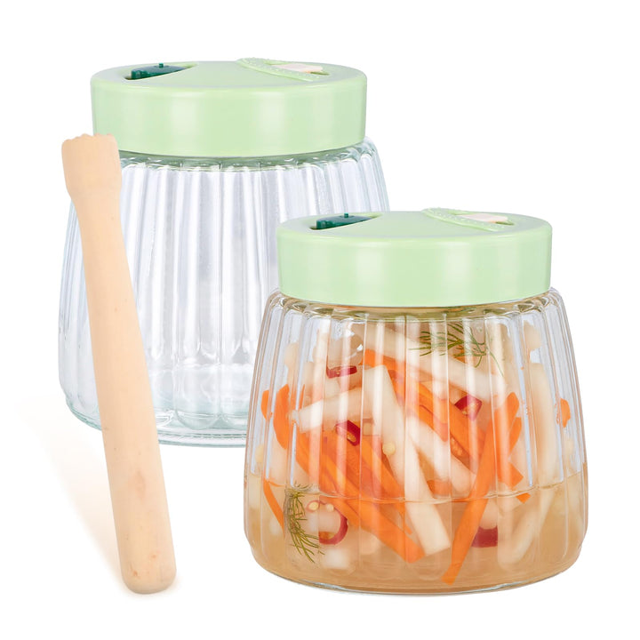 2 Stück Fermentierglas 1L mit Entlüftungsventil, 2 Glas Fermentiergewichte 7cm, Fermentier-Stampfer