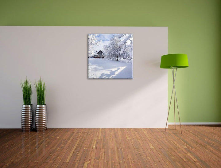 Winterlandschaft mit Hütte, Format: 70x70 auf Leinwand, XXL riesige Bilder fertig gerahmt mit Keilra
