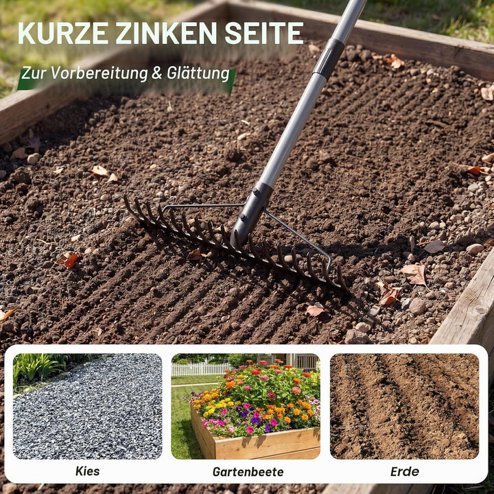 Walensee Garten Rechen, 165cm Metall Rechen , Harke mit 17 Stahlzinken, mit Edelstahlgriff, zum Lock