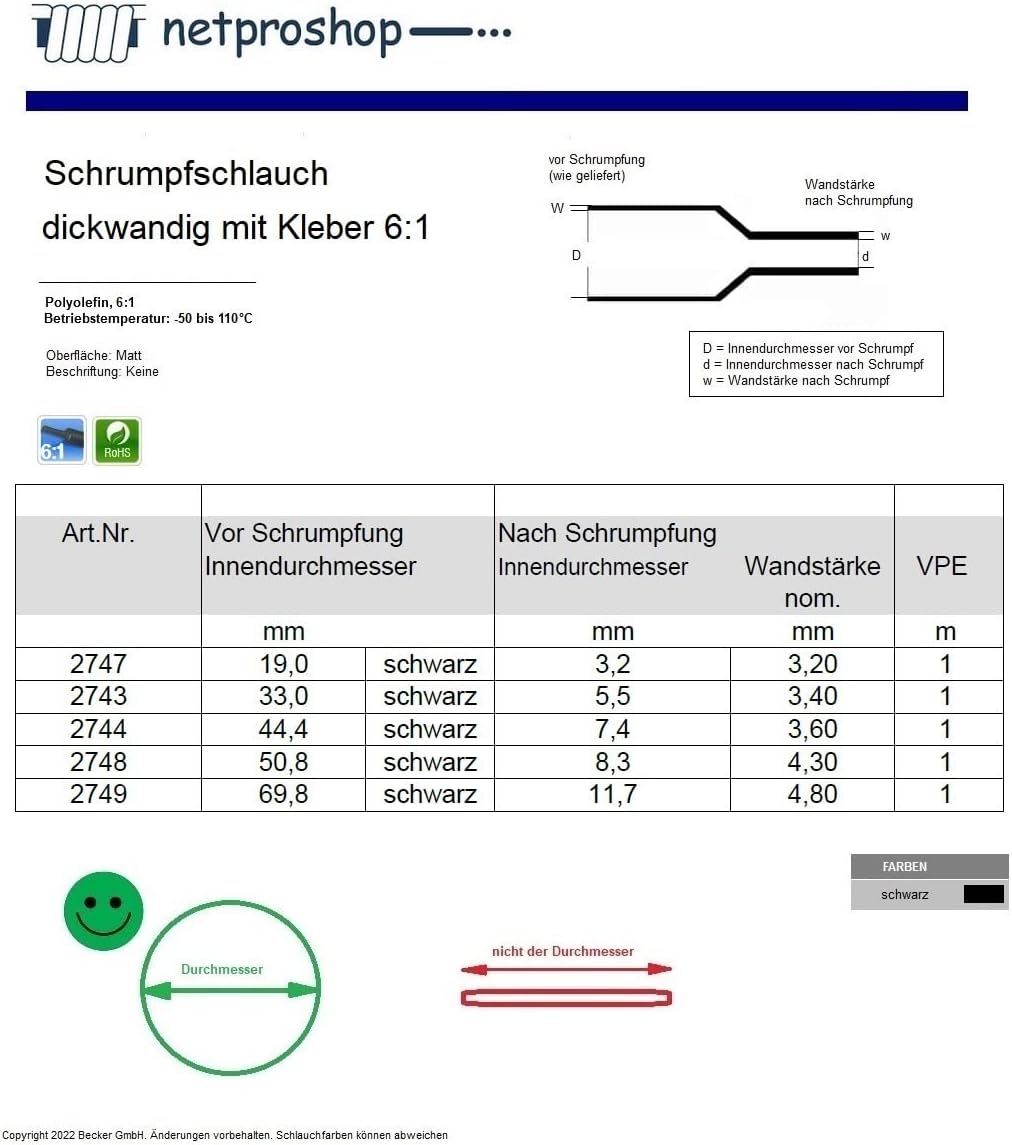 netproshop Schrumpfschlauch 6:1 Dickwandig mit Kleber Schwarz, Grösse:50.8/8.3 mm, Menge:1 Meter 50.