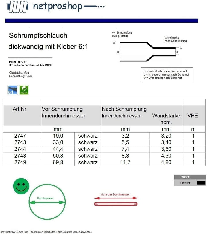 netproshop Schrumpfschlauch 6:1 Dickwandig mit Kleber Schwarz, Grösse:50.8/8.3 mm, Menge:1 Meter 50.