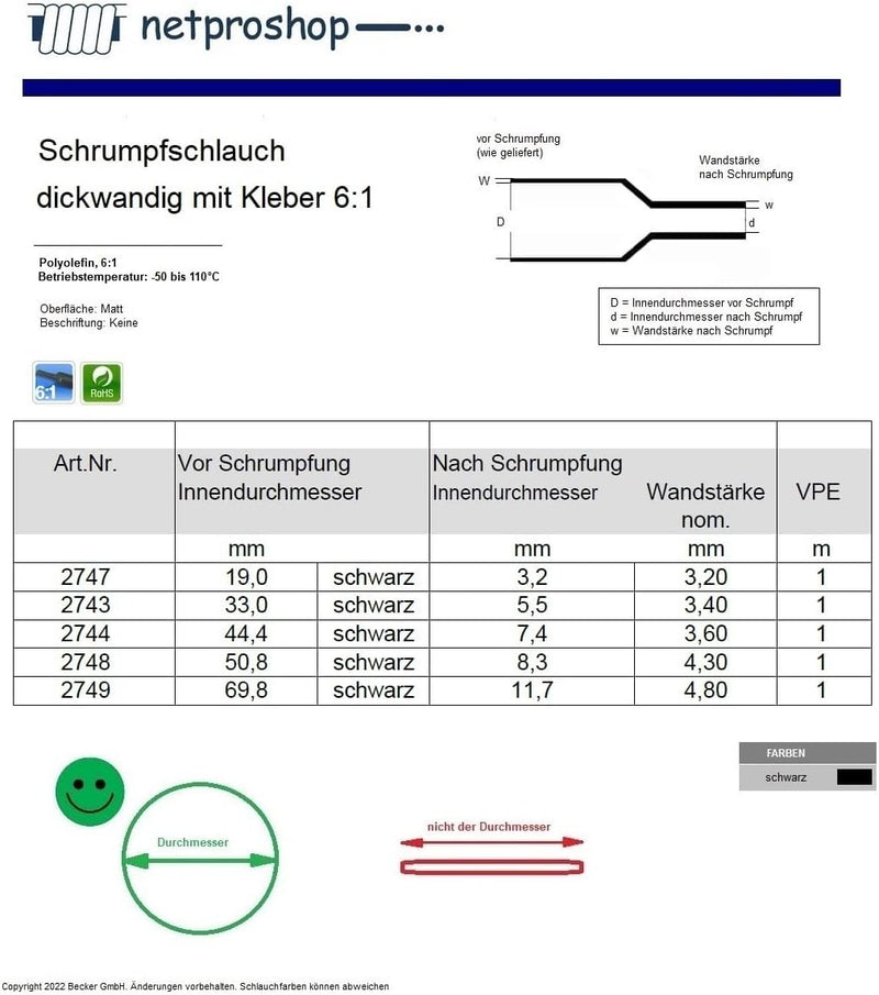 netproshop Schrumpfschlauch 6:1 Dickwandig mit Kleber Schwarz, Grösse:50.8/8.3 mm, Menge:1 Meter 50.