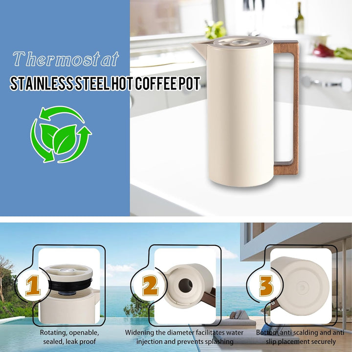Thermoskanne Kaffeekannen Edelstahl Vakuum Isolations, Mit Holzgriff Und Einfachem Sicherheitsdruckk