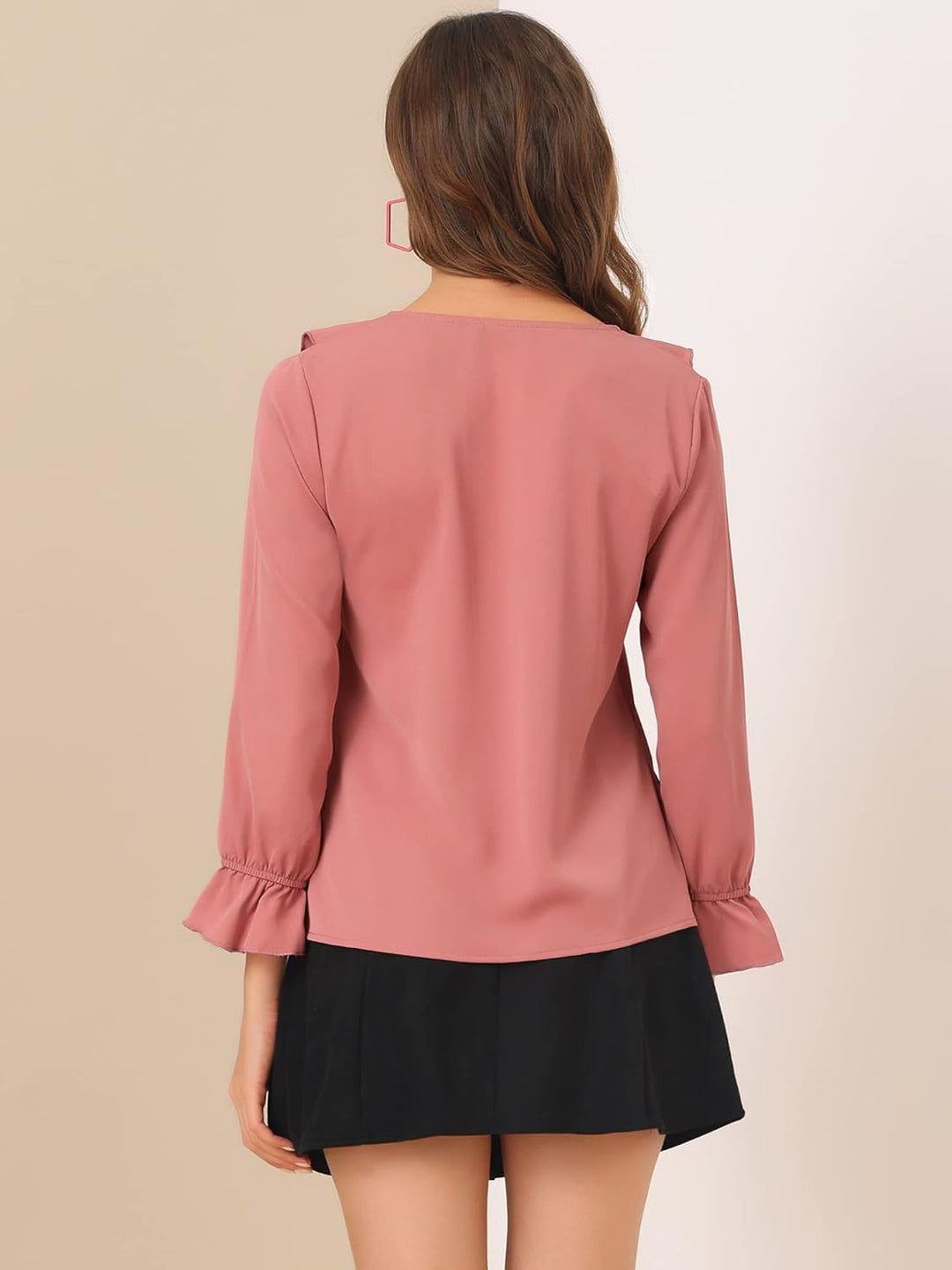 Allegra K Damen Chiffon Bluse Langarm V-Ausschnitt Rüschen Volant Oberteil Elegantes Shirt XL Dunkel