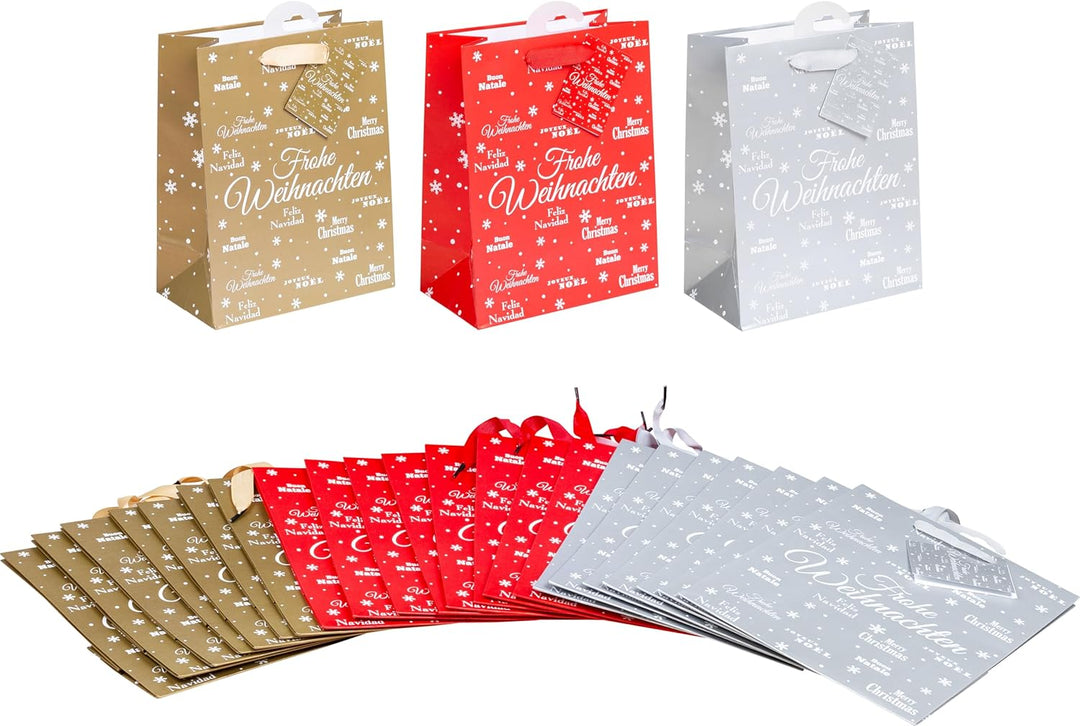 HEKU Geschenktaschen-Set, Glitter 'Merry X-Mas' Design I 24 Stück in 3 Farben (Rot, Gold, Silber) I