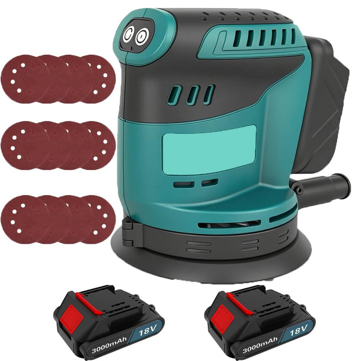 Bürstenlose Akku Exzenterschleifer mit 2pcs 3.0ah Akku, Ersetzen für Makita DBO180Z, Akkuschleifer S