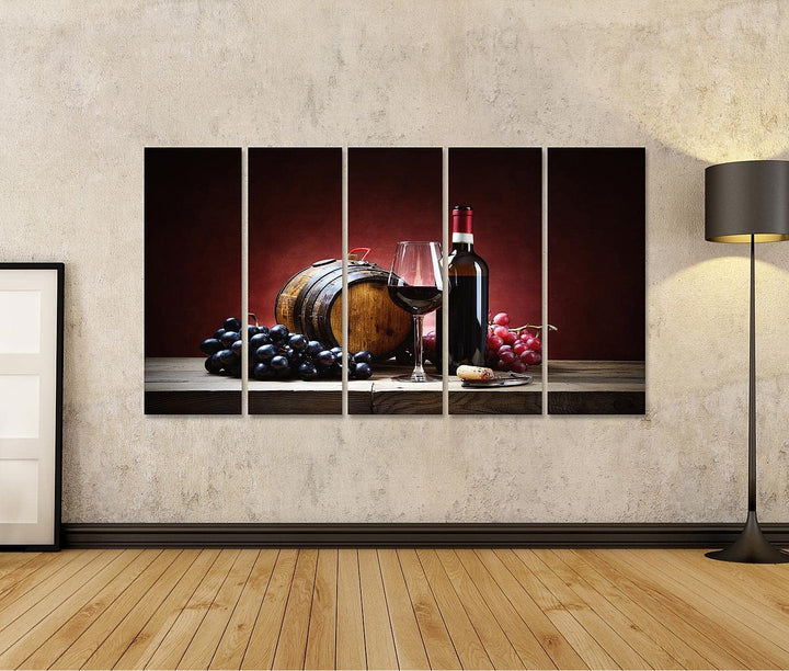 islandburner Bild auf Leinwand Rotwein Glas Trauben Flasche Kleines Fass Bilder Wandbilder Poster Le