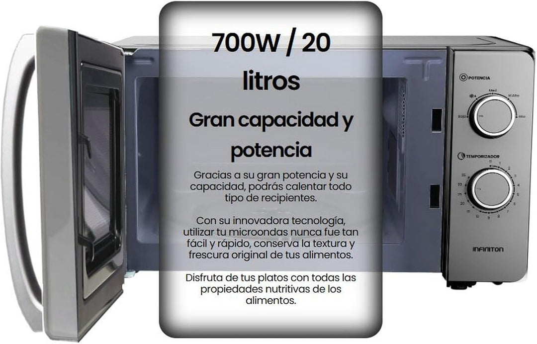 Infiniton MW-HS2070 Mikrowelle, 20 Liter, 700 W, Timer von 0 bis 35 Minuten, DEFROST-Funktion, Türöf