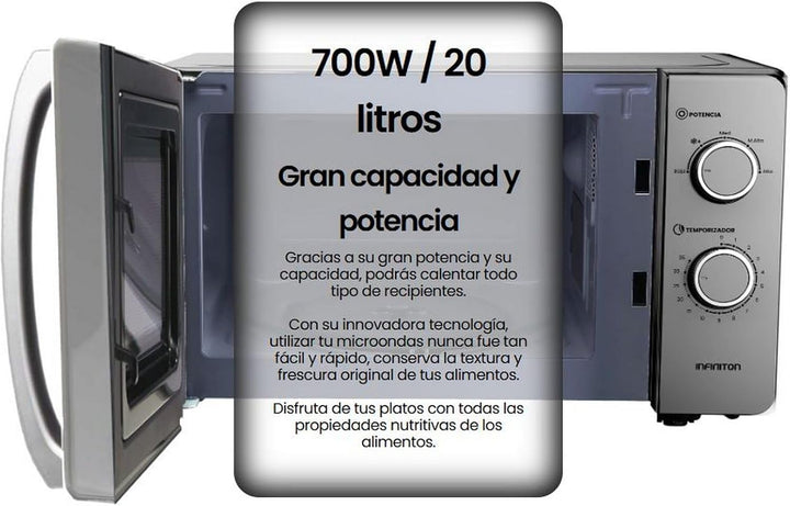 Infiniton MW-HS2070 Mikrowelle, 20 Liter, 700 W, Timer von 0 bis 35 Minuten, DEFROST-Funktion, Türöf