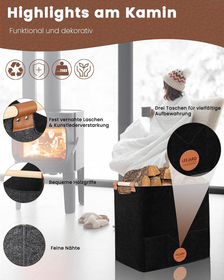 2 Holzkörbe für Kaminholz, grosser Holzkorb aus Filz, auch als Aufbewahrungstasche oder Einkaufskorb