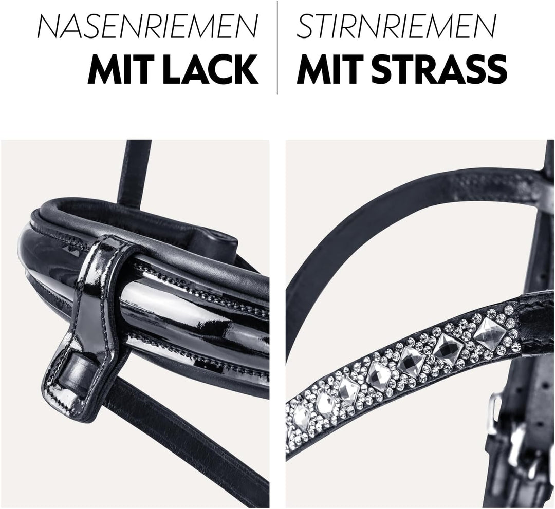 SUNRIDE schwedische Trense Aspen mit Zügel, aus weichem Echtleder mit Lack, verstellbar und anatomis