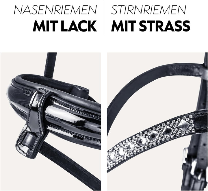 SUNRIDE schwedische Trense Aspen mit Zügel, aus weichem Echtleder mit Lack, verstellbar und anatomis