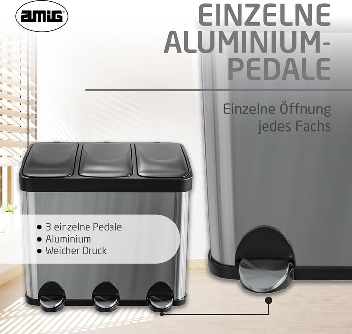 Amig - Dreifacher Mülleimer mit Pedalen 45 Liter | 3 herausnehmbare 15-Liter-Fächer | Recyclingbehäl
