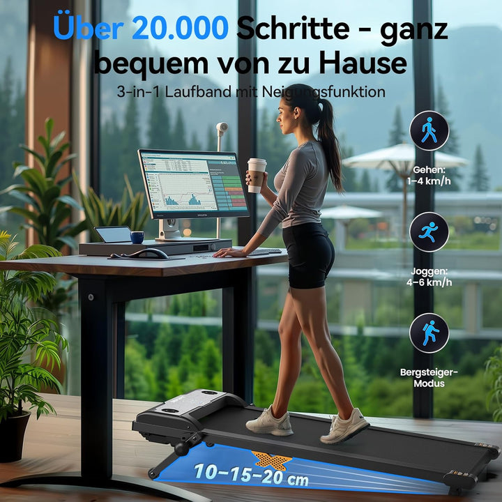 Walking Pad, 3-in-1 Laufband mit 12% Steigung, 6 km/h Leises Laufband für Zuhause, Tragbares Walking