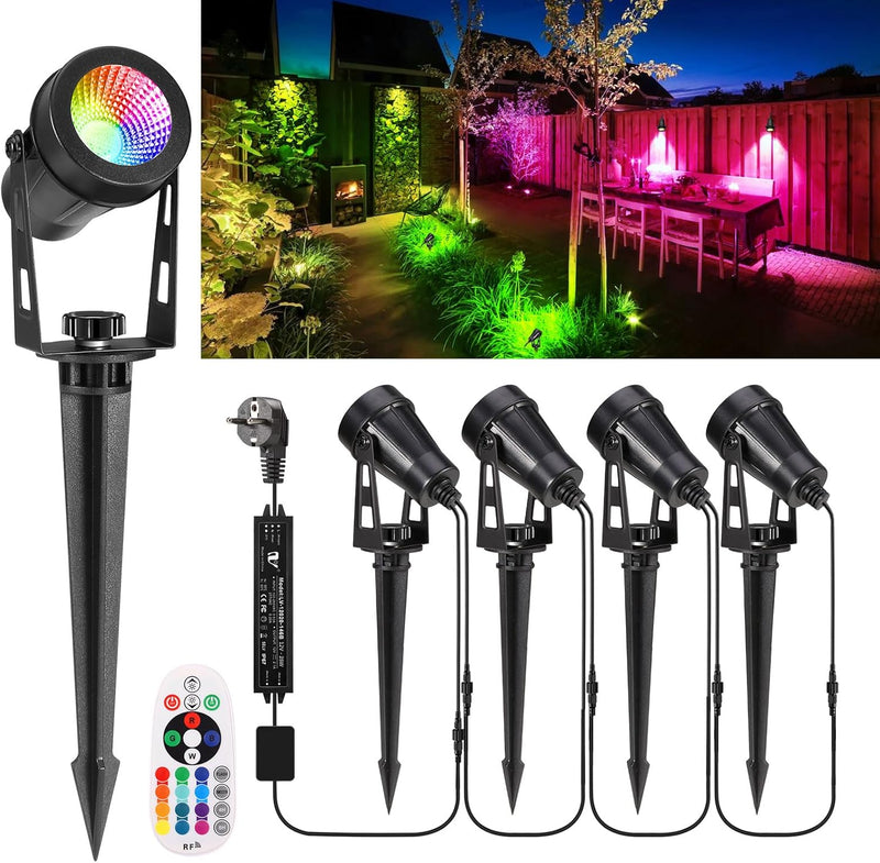 Greenclick Gartenbeleuchtung LED 15m 4er RGB Gartenstrahler mit Strom Erdspiess 12V 3W 1200lm Farbig