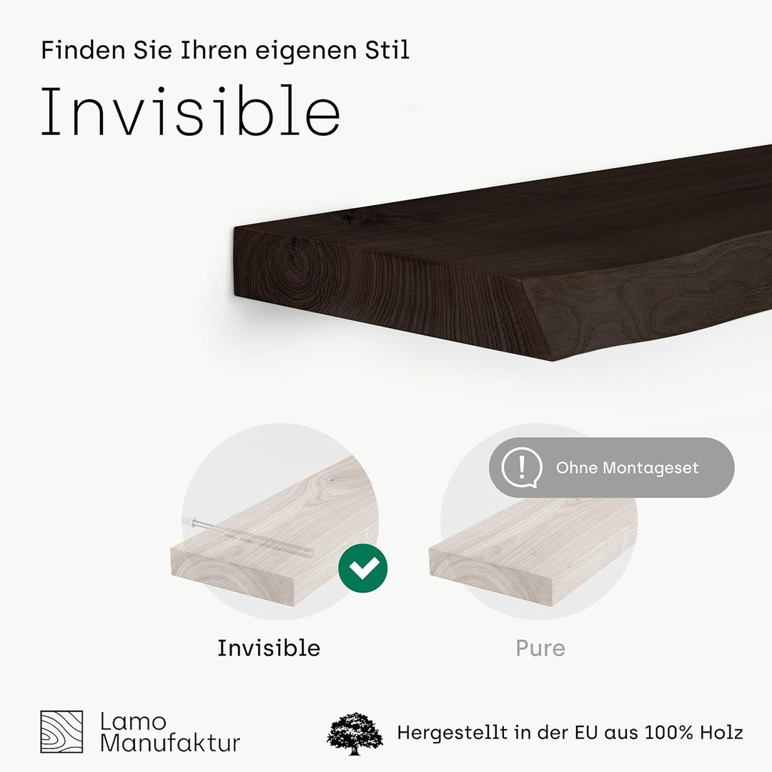 LAMO Manufaktur Wandregal Holz Baumkante | Regal Farbe: Schwarz | Invisible: Schweberegal | 70 cm In