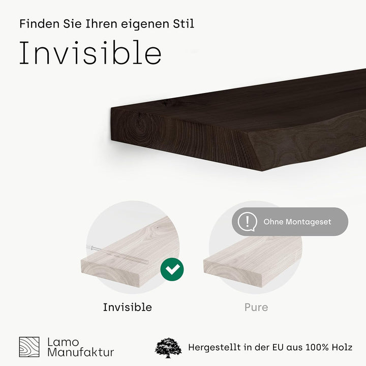 LAMO Manufaktur Wandregal Holz Baumkante | Regal Farbe: Schwarz | Invisible: Schweberegal | 70 cm In