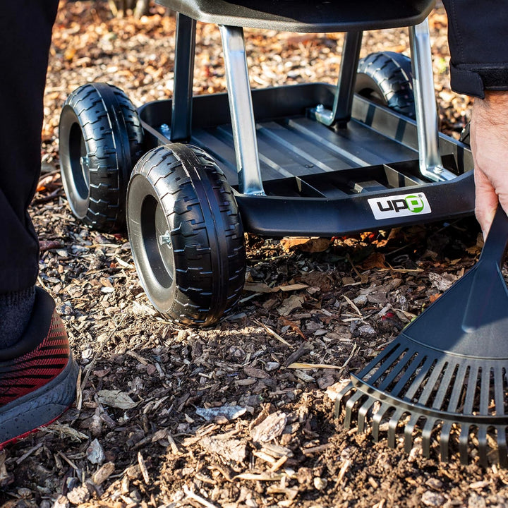 UPP fahrbarer Gartenwagenrollsitz bis 130 kg mit Ablage | Knie- und rückenschonende Sitzgelegenheit