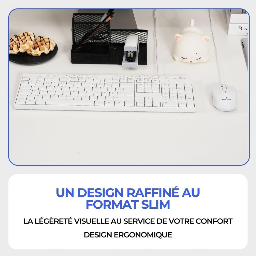 Bluestork Media Office Pack – Set mit kabelgebundener USB-Tastatur – ergonomische AZERTY und kabelge