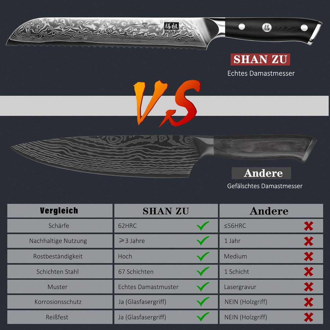 SHAN ZU 20 cm Damast Brotmesser mit Wellenschliff, 67 Lagen Japanischer Damaststahl, Kuchenmesser au