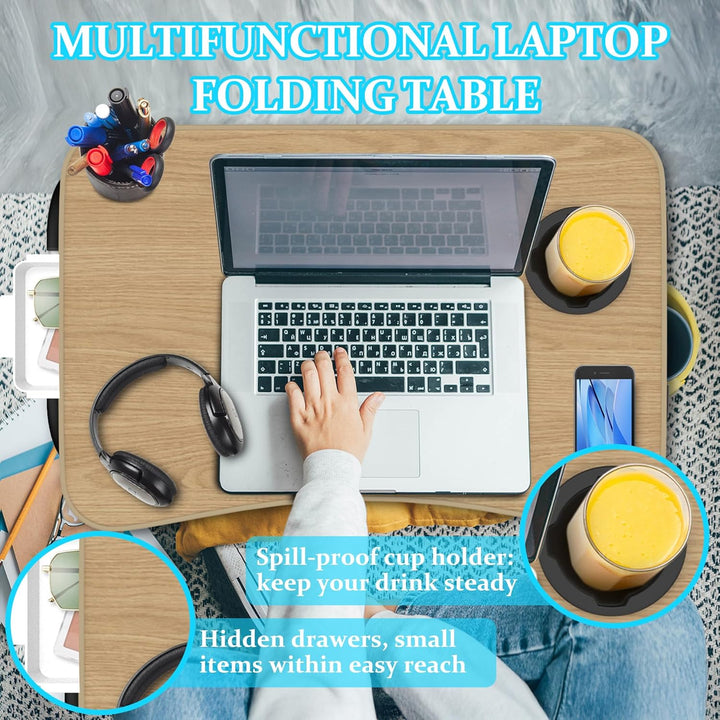 Soontrans Laptoptisch, 60 x 40 x 28 cm, Laptop Tisch mit Tablethalter, Schublade, Getränkehalter, Be