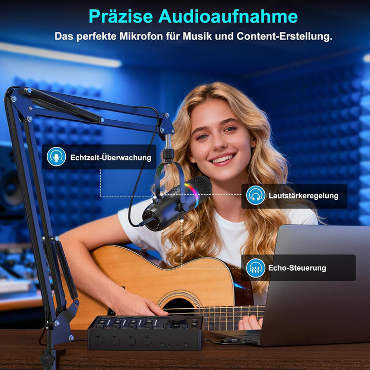 zealsound Podcast Mikrofon mit Arm -RGB Rauschunterdrückung Gaming Kondensatormikrofon für PC & Hand