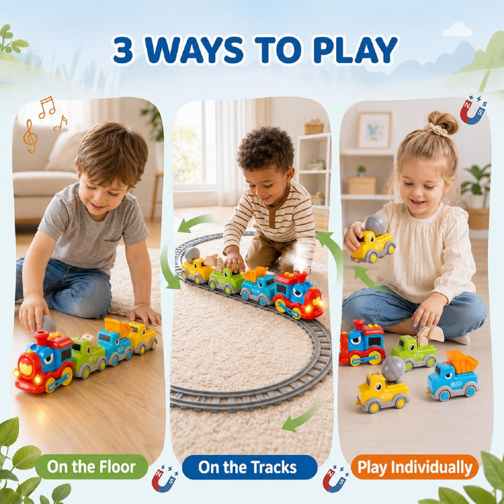 Magnetisches Eisenbahnspielzeug mit elektrischer Lok, Baufahrzeugen, Licht, Musik und kreativen DIY-