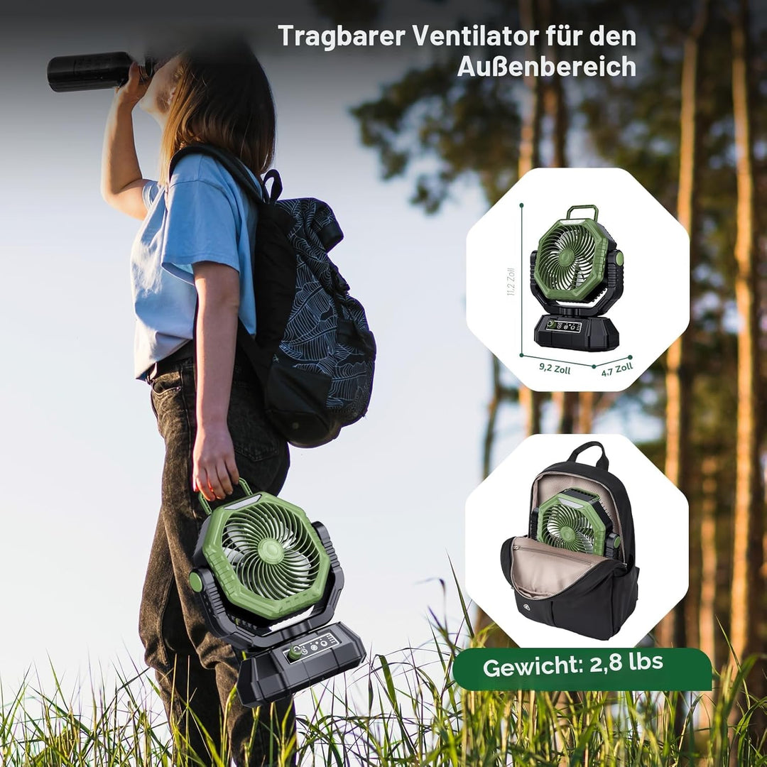 AJVV Camping Ventilator mit akku 20000mAh, Akku Ventilator mit Fernbedienung/LED Licht/270° Drehung,